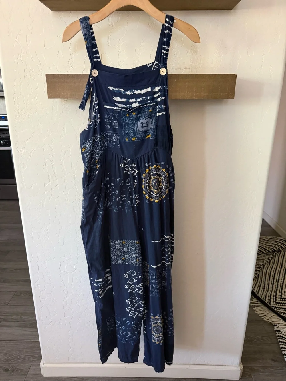 Small shop|Navy Boho Patchwork print Wide-Leg sleeveless Jumpsuit,overall style• - Picture 3 of 13